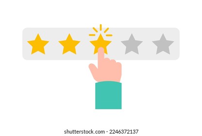 Hand rates 3 stars app rating — vector illustration isolated on white background. Star Rating, Classification Positive Customer Reviews Feedback Concept. People leave feedback and comments, successful