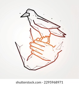 Hand and raven abstract art. Polygonal vector illustration of a bird sitting on a hand.