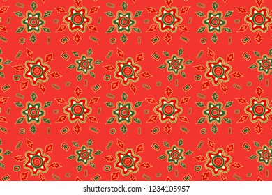 Hand rawn Christmas vector seamless pattern gold, red, green and white snowflake on a red background  for bedding, textile, wallpaper, wrapping, cover page, web site, card, carton.