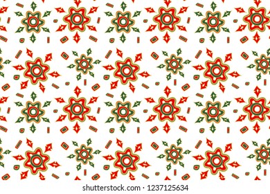 Hand rawn Christmas vector seamless pattern gold, red, green and white snowflake on a white background  for bedding, textile, wallpaper, wrapping, cover page, web site, card, carton.