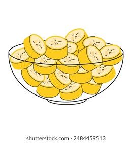 Hand rawn heap of chopped banana slices with yellow peel in transparent outlined bowl