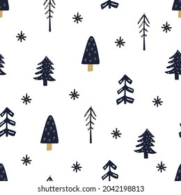Hand rawn seamless pattern of christmas tree with snowflakes. Flat illustration on white background.