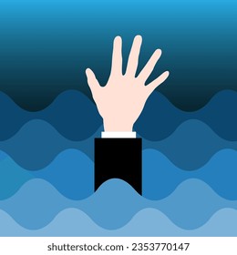 Hand reach up from blue water. Man need help in water. Vector illustration.