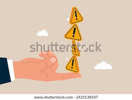 Hand reach to help balance exclamation point. Solve business problem, identify risk or critical failure concept.