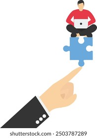 Hand reach to help businessman no falling from stack of unstable puzzle. Balance cooperation and investment. Flat vector illustration

