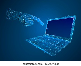 Hand Reach For Laptop. Low Poly Model Of A Notebook And Human Hand. Neon Style. Connection With Wireframe. Internet Or Digital Devices And Computer Keyboard And Monitor. Vector On Dark Blue Background