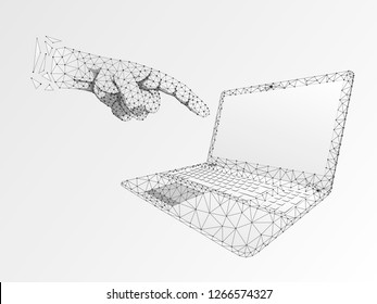 Hand reach for laptop. Origami style Low poly notebook and human hand. Neon style. Connection with wireframe. Internet or digital devices and computer keyboard and monitor. Vector on white background