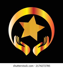 Hand reach sky logo design vector illustration. Foundation logo design. suitable for business and community logos isolated on gold background