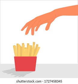 Hand reaches for french fries. Fast food vector concept