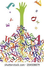 The hand reaches out from big heap of letters