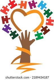 A hand reaches out for a heart surrounded with puzzle pieces. Editable Clip Art.