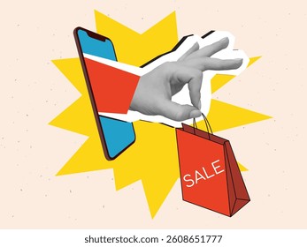 Hand reaches out a paper shopping bag with inscription Sale from a phone screen. Modern photo collage style. Vector illustration