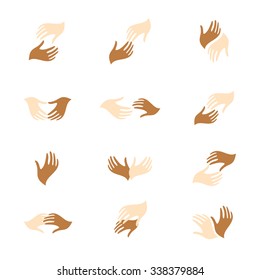 Hand Reaches For The Palm. Vector Set Of Logos And Mutual Support. Racial Discrimination. The Charitable Organization.