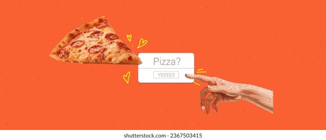 La mano llega para la pizza con notificación. Una moderna ilustración. Collage de efecto semitónico con doodles coloridos. Banner vectorial sobre un ruidoso fondo naranja. 