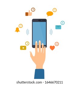 Hand reaches for the smartphone for checking social network push notification. Social media influence. Social network addiction concept illustration. Vector