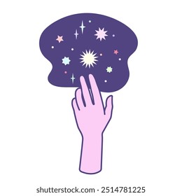 Hand reaches for stars. Piece of galaxy, universe, space on dark background. Concept of esotericism, astrology, magic, witchcraft. Mystical symbol for tarot. Flat illustration isolated