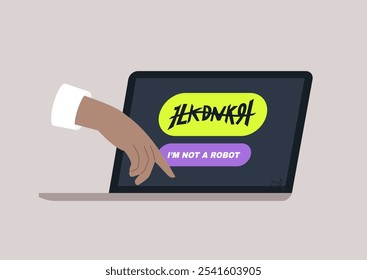 A hand reaches towards a laptop screen displaying colorful text, embracing the idea of human interaction in a modern digital landscape, emphasizing individuality amidst technology