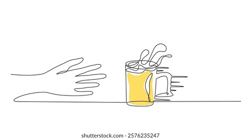 Hand reaching for a beer mug, drawn in a continuous one line style. The dynamic lines around the mug suggest motion, Serving beer to customers, Vector illustration, Editable stroke