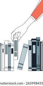 Mano que alcanza para un libro en un estante que selecciona el conocimiento de una colección de literatura e información