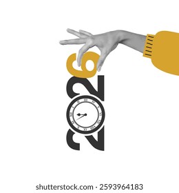 A hand reaching for a clock symbolizes the countdown to the new year, featuring the numbers 2026 prominently. Excitement builds as the future approaches and celebrations loom.