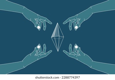 Hand reaching for the crystal gem outline illustration. Magic crystal concept. Modern vector illustration. Transparent line art gem with leaf and stars. Minimalistic design for web.