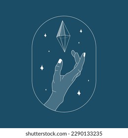 Hand reaching for the crystal gem outline illustration. Magic crystal concept. Modern vector illustration. Transparent line art gem with stars. Minimalistic sticker design for web.