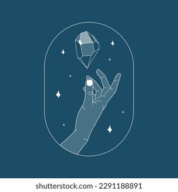 Hand reaching for the crystal gem outline illustration. Magic crystal concept. Modern vector illustration. Transparent line art gem with stars. Minimalistic sticker design for web.
