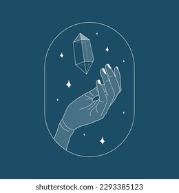 Hand reaching for the crystal gem outline illustration. Magic crystal concept. Modern vector illustration. Transparent line art gem with stars. Minimalistic sticker design for web.
