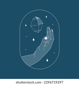 Hand reaching for the crystal gem outline illustration. Magic crystal concept. Modern vector illustration. Transparent line art gem with stars. Minimalistic sticker design for web.