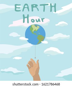 A hand reaching for the earth in miniature, the earth is surrounded by clouds on a blue background