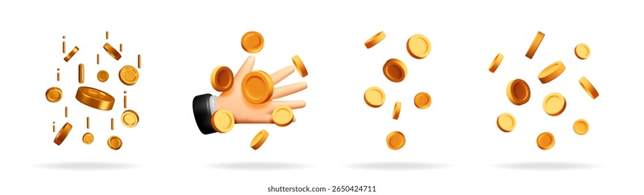 Hand reaching for falling gold coins and golden tokens in a 3d vector stock collection for financial success concepts.