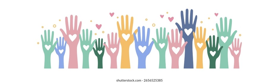 Hand reaching heart, support charity, giving and sharing, teamwork, community care, assistance, diversity, silhouette, human arm, graphic illustration, ethnic background, transparent background.