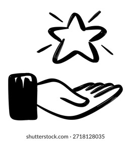 Mão alcançando ou segurando uma estrela brilhante ilustração doodle, conceito de sucesso, classificação e sonhos.