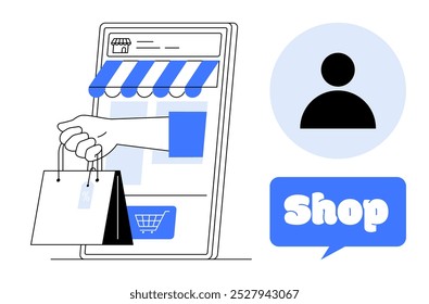 Hand reaching from mobile device holding shopping bags beside user icon and shop sign. Ideal for e-commerce, online shopping, digital marketing, mobile apps, and virtual marketplaces. Simplistic