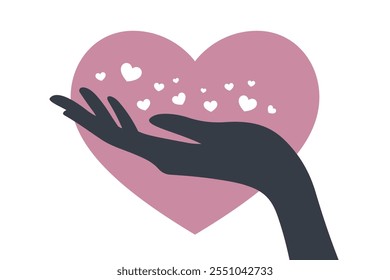 Hand reaching out with hearts symbolizing love, care, and giving, perfect for health, charity, donation, community, support, and kindness-related designs