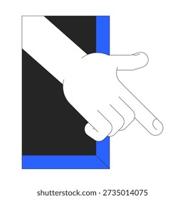 Hand reaching out of interface frame vector illustration. Interaction, assistance, accessibility. User engagement beyond boundaries 2D cartoon image isolated on white. Editable flat clipart colorful