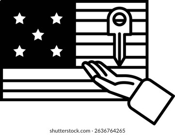 A hand is reaching out to a key on a flag. The hand is reaching out to the key, which is a symbol of freedom. Concept of freedom and the importance of unlocking it