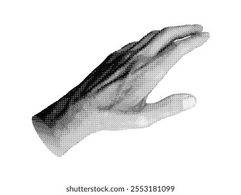 Hand reaching out, outstretching to take, catch something invisible, icon gesture isolated on white background. Halftone dotted retro style vector