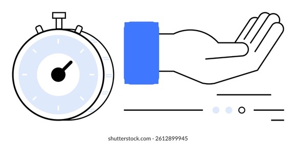 Hand reaching out to receive stopwatch, minimalist line elements. Ideal for time management, productivity, deadlines, efficiency, business scheduling, work planning, punctuality. Line metaphor