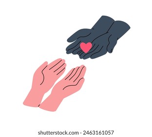 Hand reaching out to share love, give help and support. Empathy, care and compassion concept. Couple with red heart, symbol of gratitude. Flat vector illustration isolated on white background