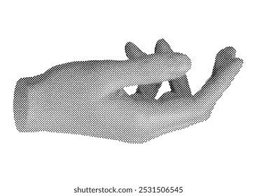 Hand reaching out, touching, palm gesture. Halftone style vector isolated on white background.