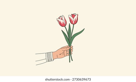 Mano extendiendo la mano mientras sostiene un ramo simple de dos tulipanes rojos y blancos aislados sobre un fondo crema limpia.