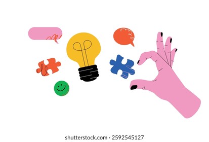 A hand reaching for a piece of the puzzle, surrounded by a light bulb, speech bubbles. The concept of creativity, ideas and problem solving.