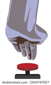 Hand reaching to push big red button, isolated on white background