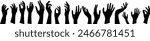 hand reaching silhouette, raised hands, unity, crowd, celebration. Black silhouettes of enthusiastic hands reaching upwards against a white background. Depicts unity, celebration, and group excitement