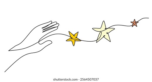 Hand reaching for stars in continuous line drawing. Symbolizing dreams, aspirations, and endless possibilities. Vector illustration hand drawn.