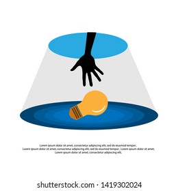 hand reaching through hole to grab light bulb. Idea metaphor vector