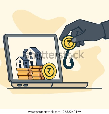 A hand reaching through a laptop screen grabbing rupees or personal data cyber theft concept