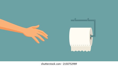 
Hand Reaching For Toilet Paper Vector Cartoon Drawing Illustration. Person Using Toilet Desperate To Wipe In A Public Bathroom
