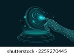 Hand reaching to touch the Digital Money Coin. Low poly. Concept about mobile banking, online payment, digital finance, and online business.